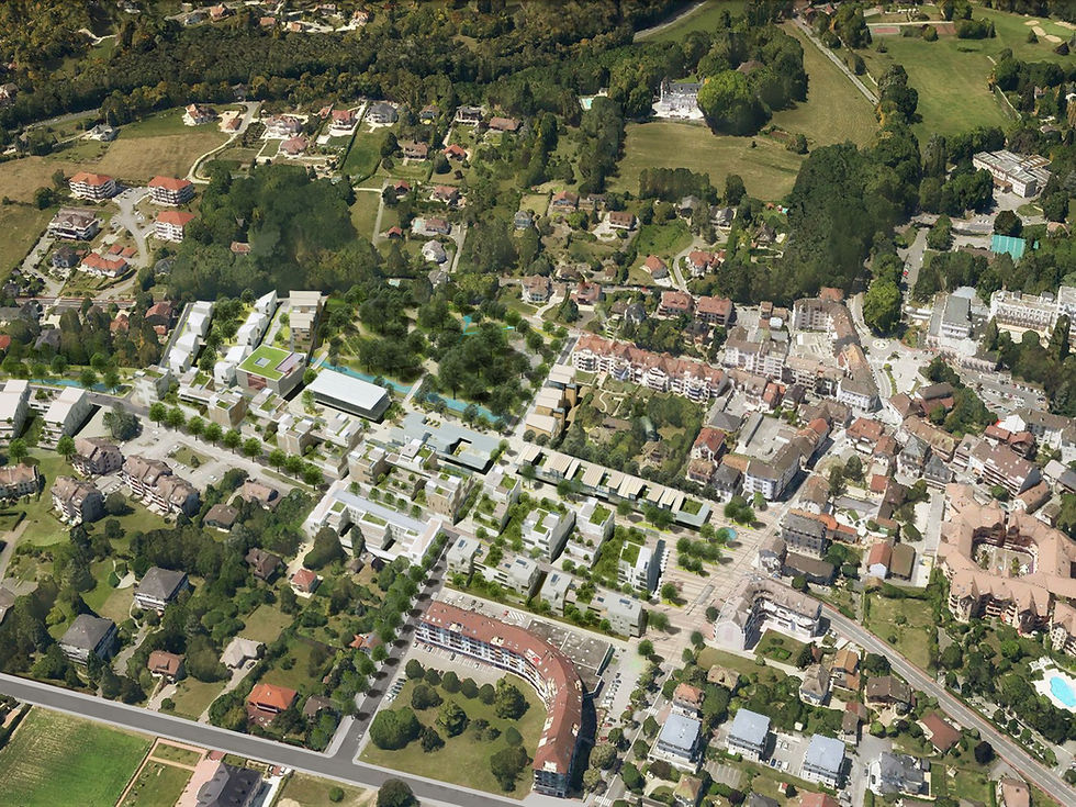 Nouveau quartier de la gare à Divonne-les-Bains. Les trams-trains circuleraient sur la route en bas de l'image, l'avenue des Alpes.