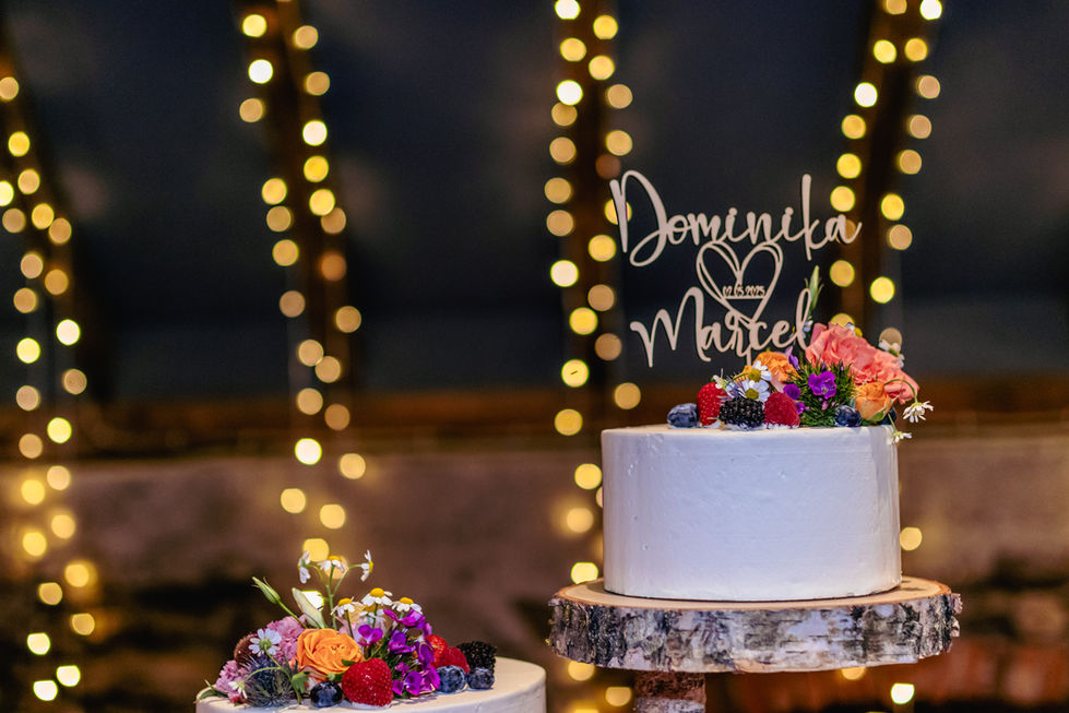 Hochzeitstorte mit Aufschrift Domenika & Marcel mit bunten Blumen dekoriert.