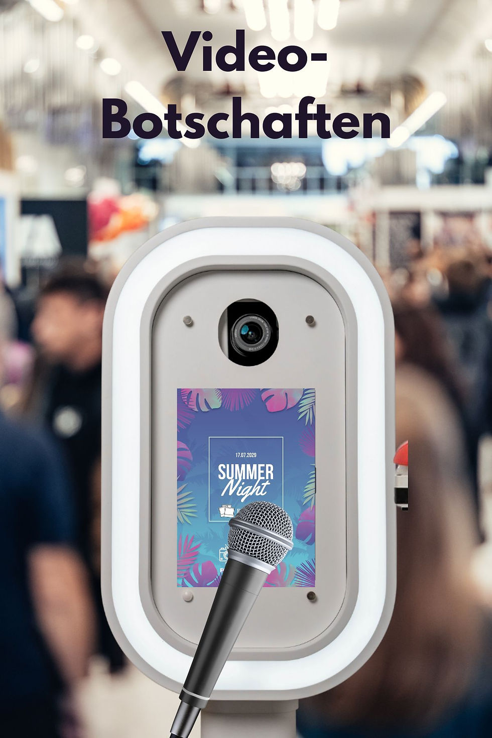 Eine weiße Fotobox mit einem blau-lila HIntergrund auf dem Bildschirm