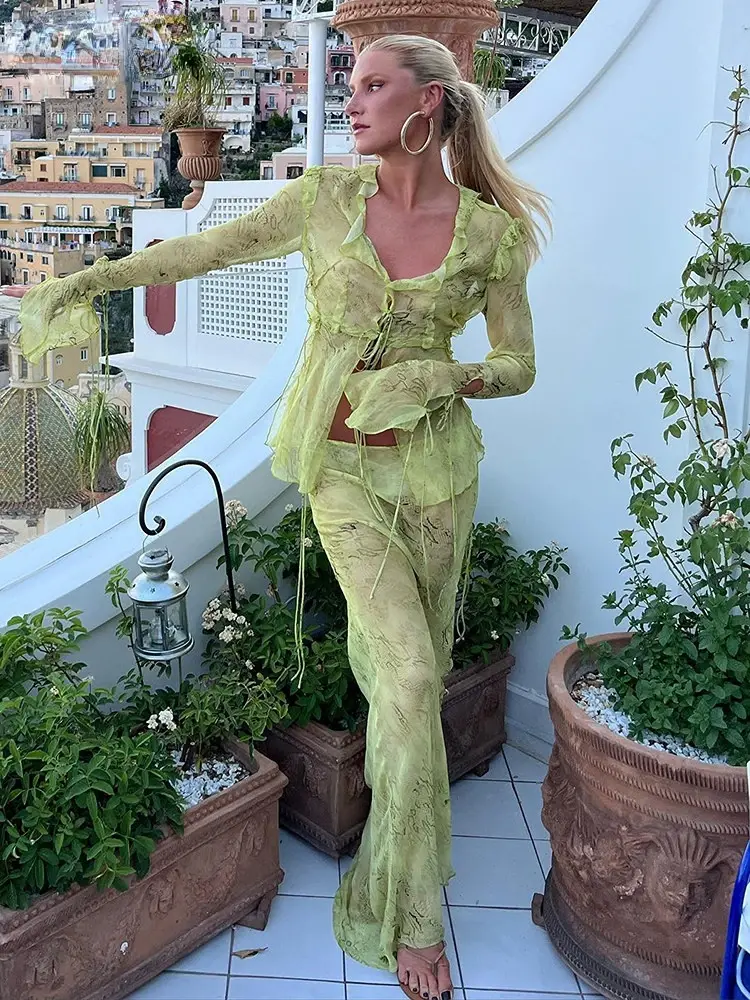 Thumbnail: Y2K Mesh Long Sleeve Top and Maxi Skirt Two Piece Set Beach Club Outfit