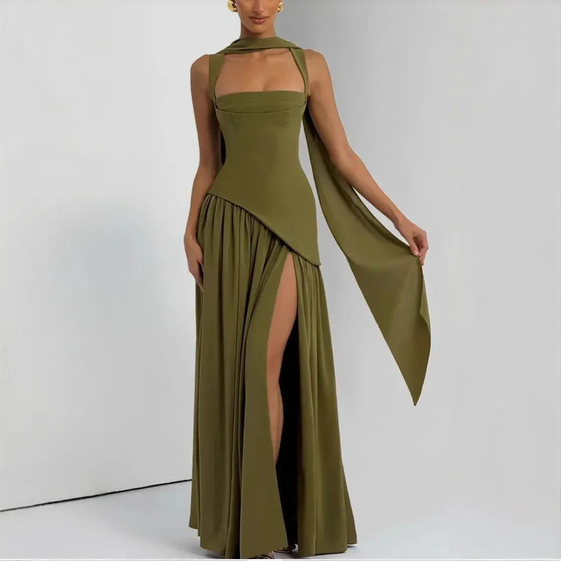 Elegant Olive Green Flowy Maxi Dress with Scarf Summer Beach Party Dress