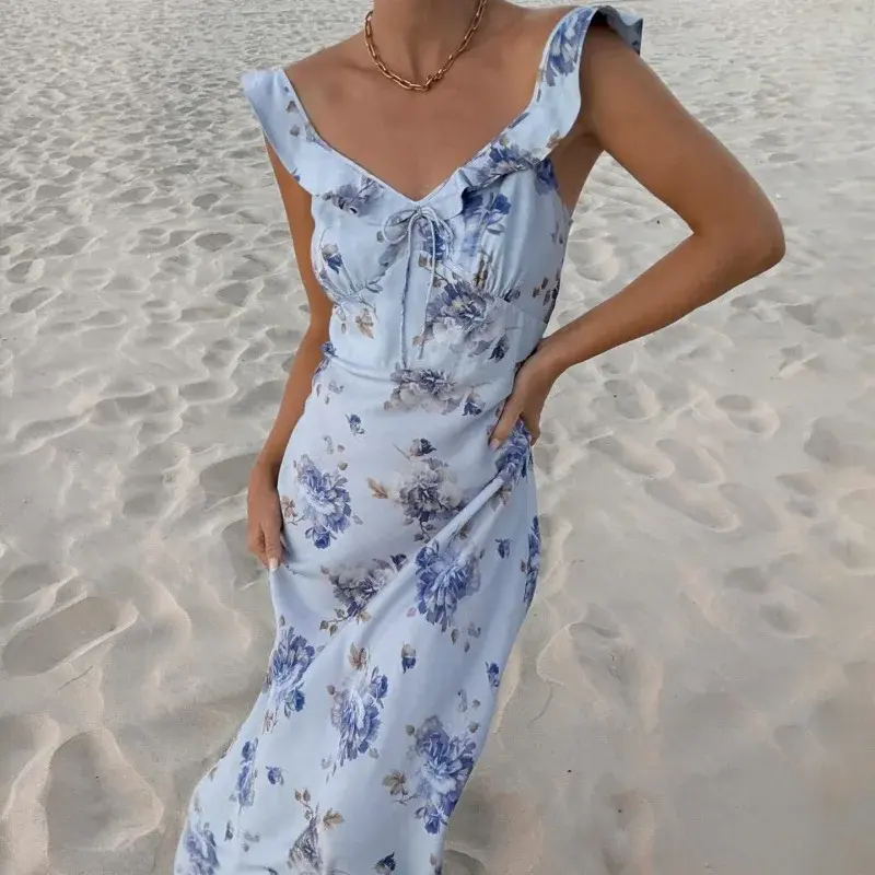 Thumbnail: Floral Print Plunge Backless Maxi Dress Summer Beach Vacation Dress