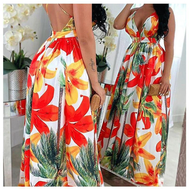 Thumbnail: Retro Boho Halter Maxi Dress Sleeveless Loose Print Summer Beach Dress