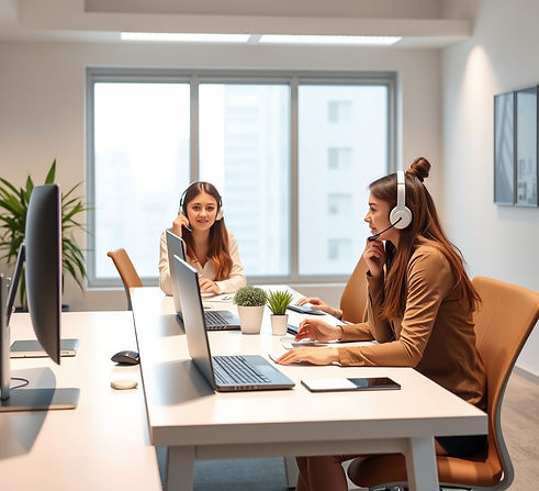 create an image of a white office with few call centre agents (girls and boys ) who have a