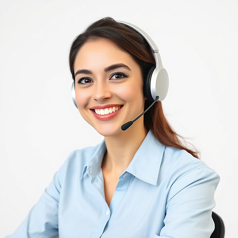 smiling call centre agent with headphones on a white background, make it look like a real