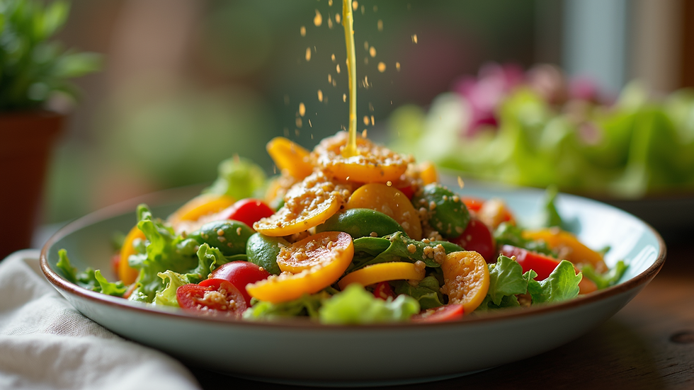 Close-up view of a colorful salad drizzled with a homemade vinaigrette