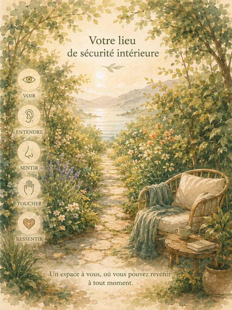 Jardin paisible avec fauteuil, table et sentier vers le lac ; texte : Votre lieu de sécurité intérieure.