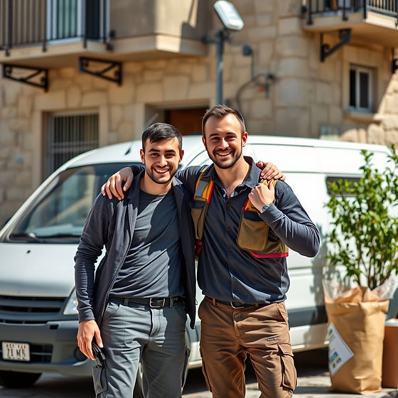 Realistic photo of two young happy clear-out workers standing outside a stone Israeli apar