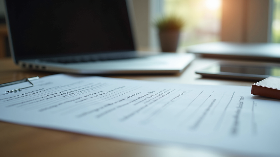 Close-up of legal documents and a laptop on a creative workspace