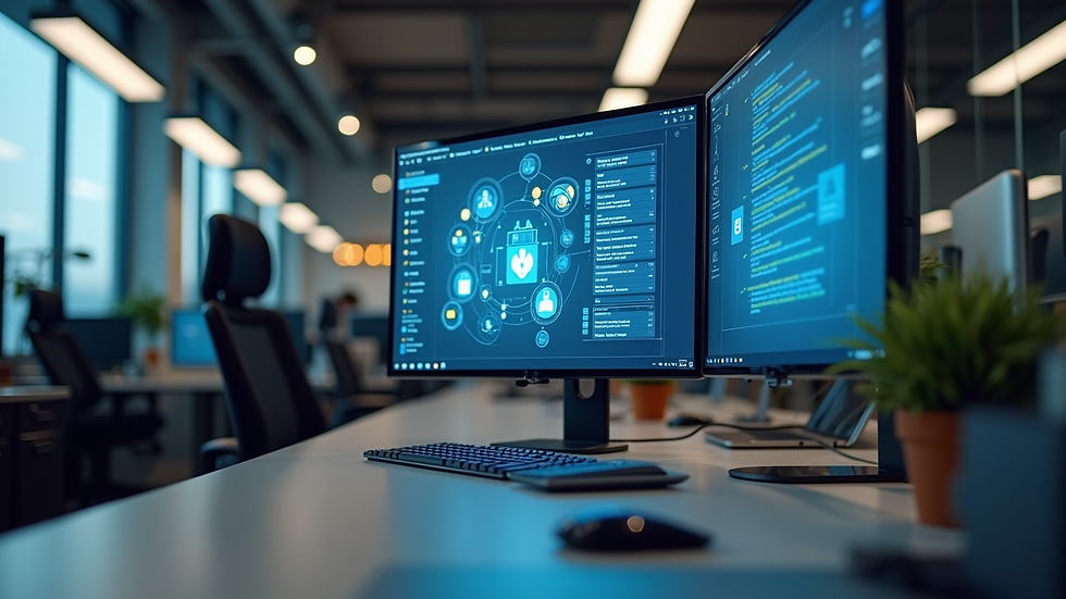 Eye-level view of a modern office workspace with a chatbot interface on a computer screen