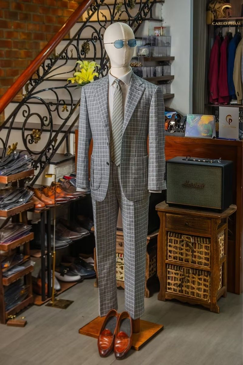 Wool Silk Linen Gray Check Suit