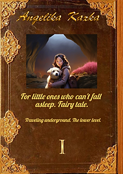 Children's book cover "Anzhelika Kazka" — girl hugging white puppy in a cave, Ukrainian fairy tale for toddlers who can't sleep, underground journey, part I, illustrated book