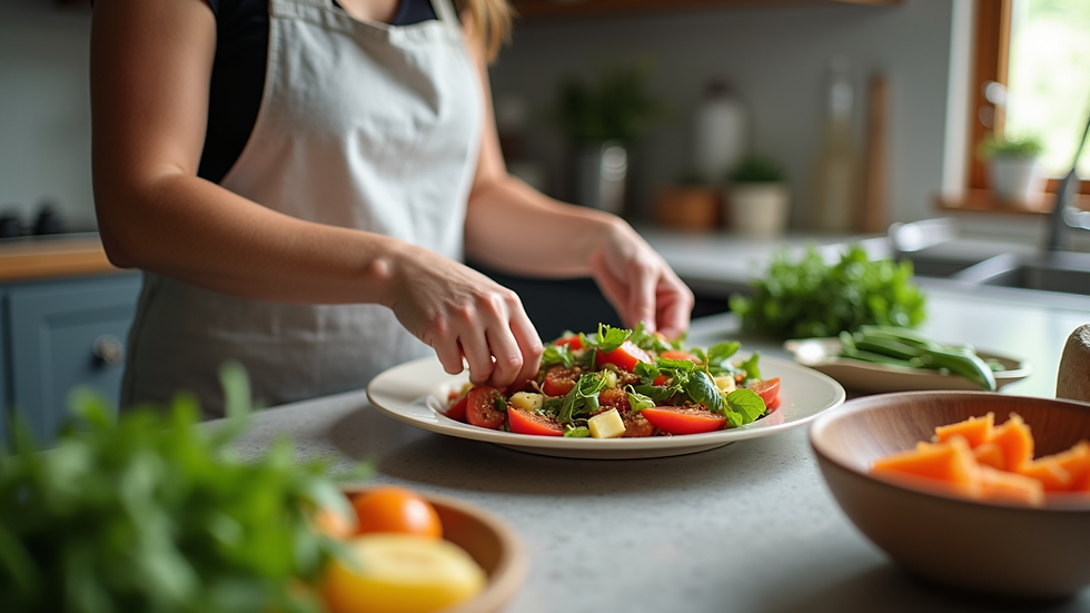 Close-up view of a postpartum doula preparing a nutritious meal in a kitchen
