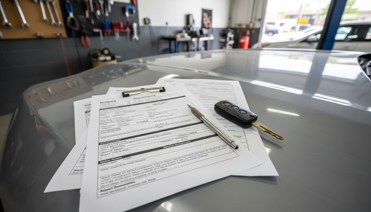 High-angle view of repair paperwork and a car key on a vehicle hood