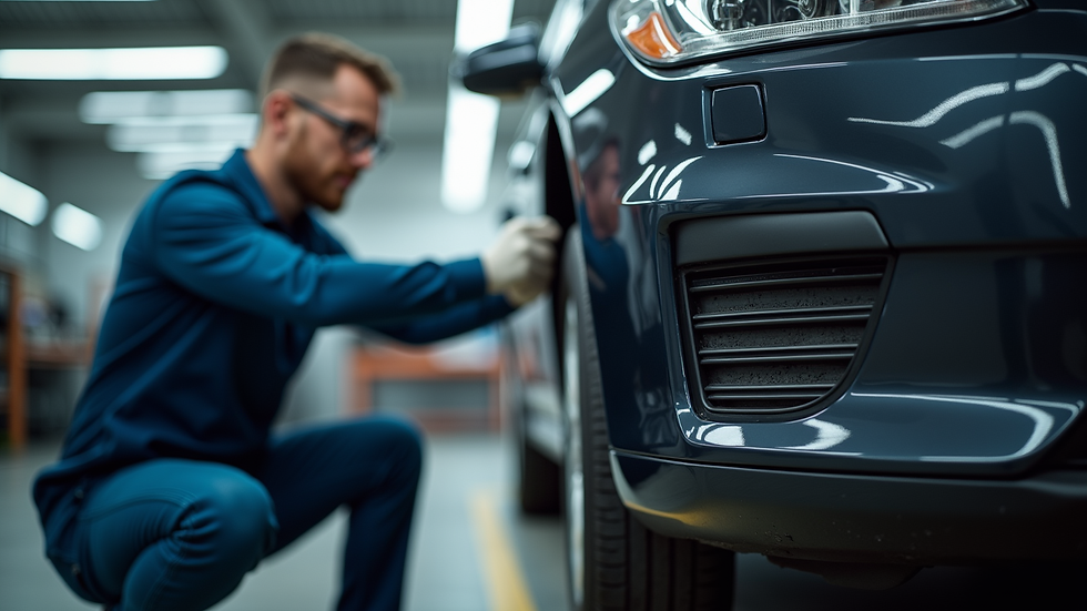 Close-up view of a technician repairing a car bumper in an auto body shop