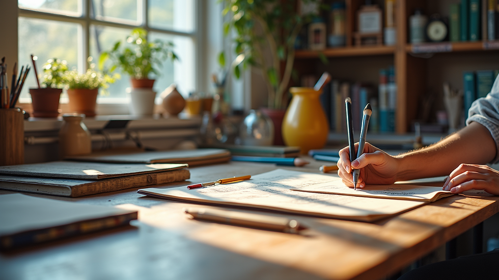 High angle view of a vibrant workspace with creative tools and materials
