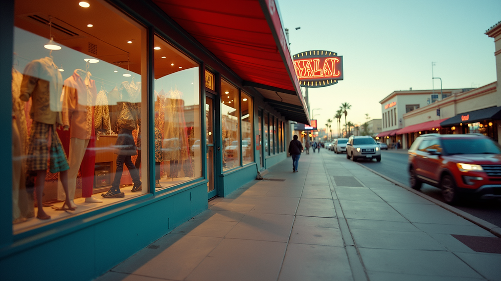 Eye-level view of a vibrant local shop window in Las Vegas