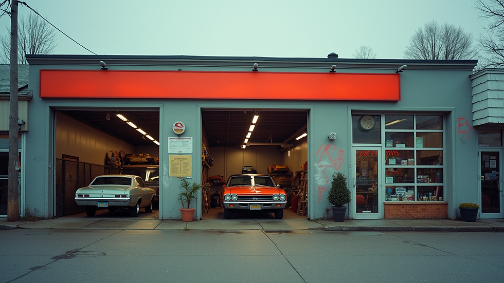 Eye-level view of a local automotive shop storefront