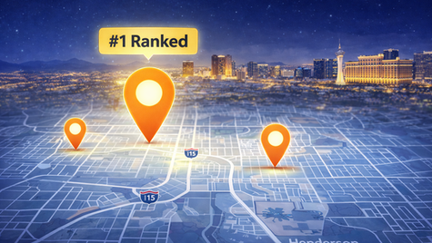 Illustration of a Henderson and Las Vegas map with glowing business location pins, highlighting one top-ranked local business location against the Las Vegas skyline.