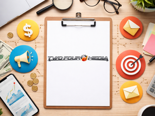 Flat lay of digital marketing workspace with laptop, clipboard, calculator, cash, analytics phone screen, target icons, and office tools representing affordable marketing strategy.