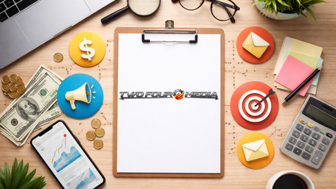 Flat lay of digital marketing workspace with laptop, clipboard, calculator, cash, analytics phone screen, target icons, and office tools representing affordable marketing strategy.