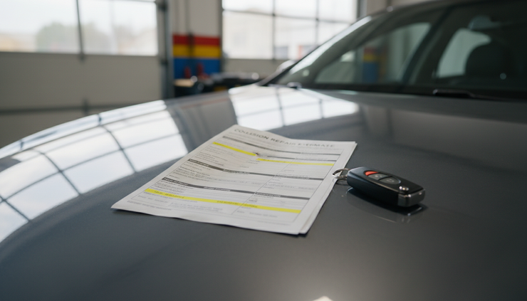 Close-up view of a vehicle repair estimate beside a car key