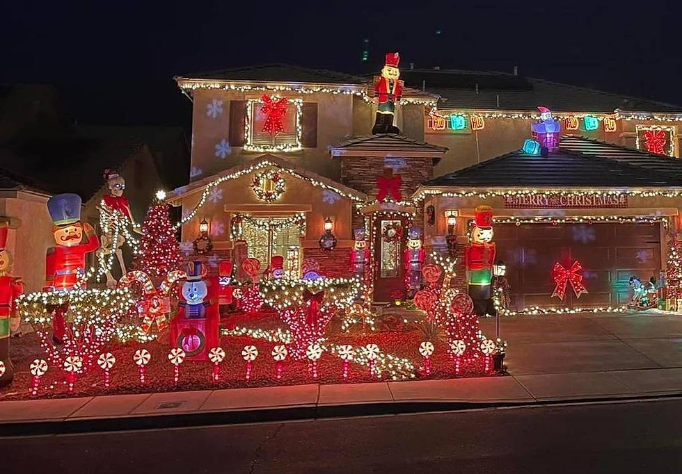 Candy Cane House in Henderson, Nevada decorated with extravagant Christmas lights at night.