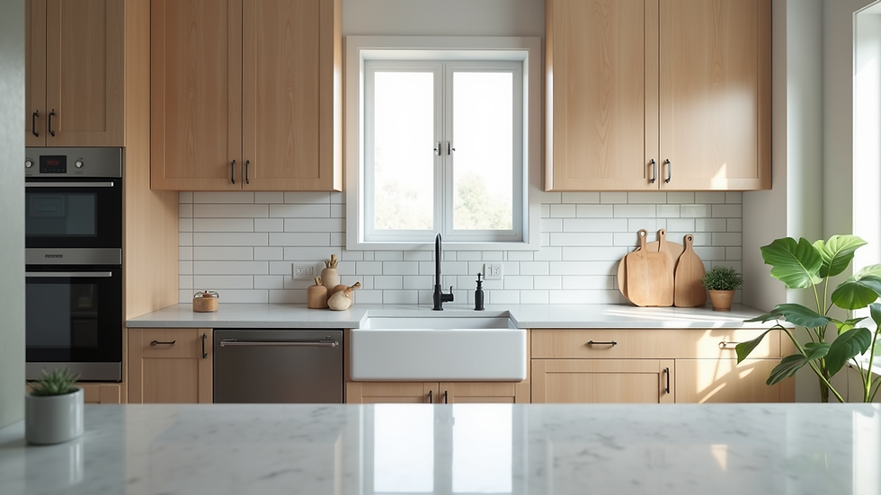 Eye-level view of a modern kitchen remodel with new cabinets and countertops
