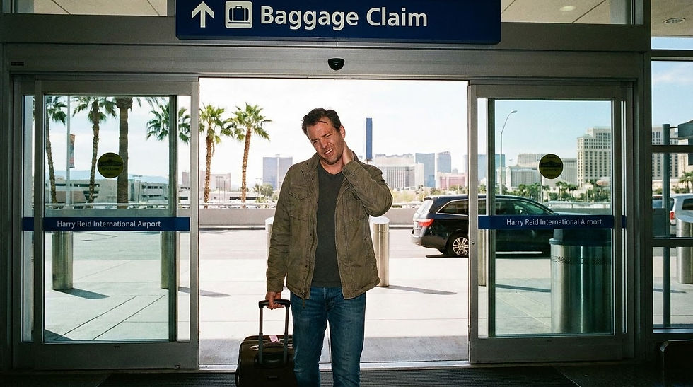 Traveler leaving Harry Reid International Airport in Las Vegas with neck pain, representing travel fatigue and the need for massage therapy near the Las Vegas Strip.