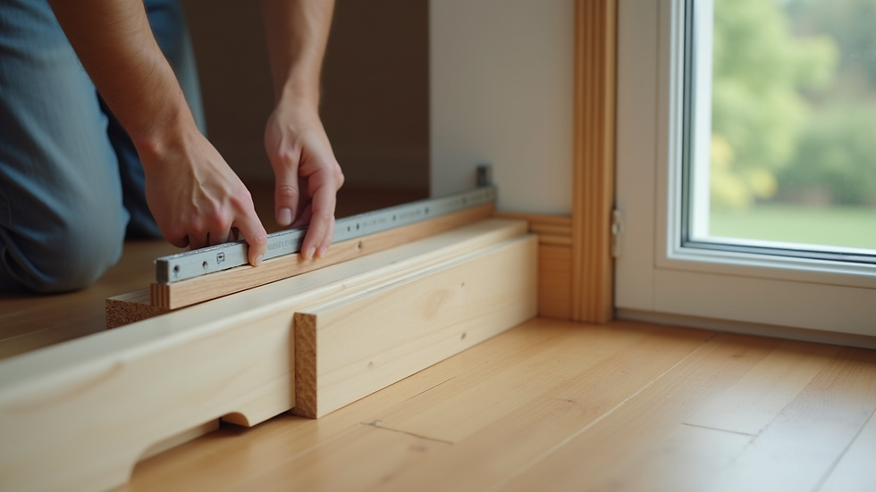 Close-up view of a carpenter installing custom wood trim in a living room