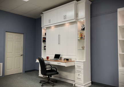 Two tone Murphy bed with upper bookcase showing the bed close and in the Home office position.
