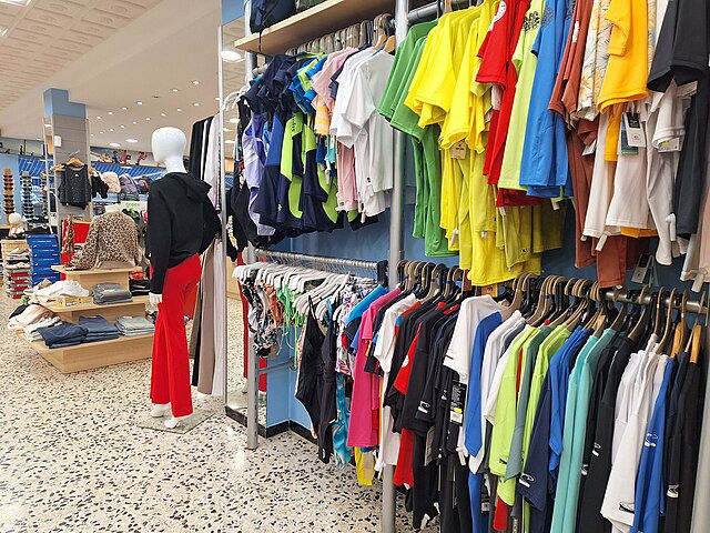 Clothing store interior with colorful T-shirts on racks, a mannequin in red pants, and a terrazzo floor. Bright, organized, and inviting.