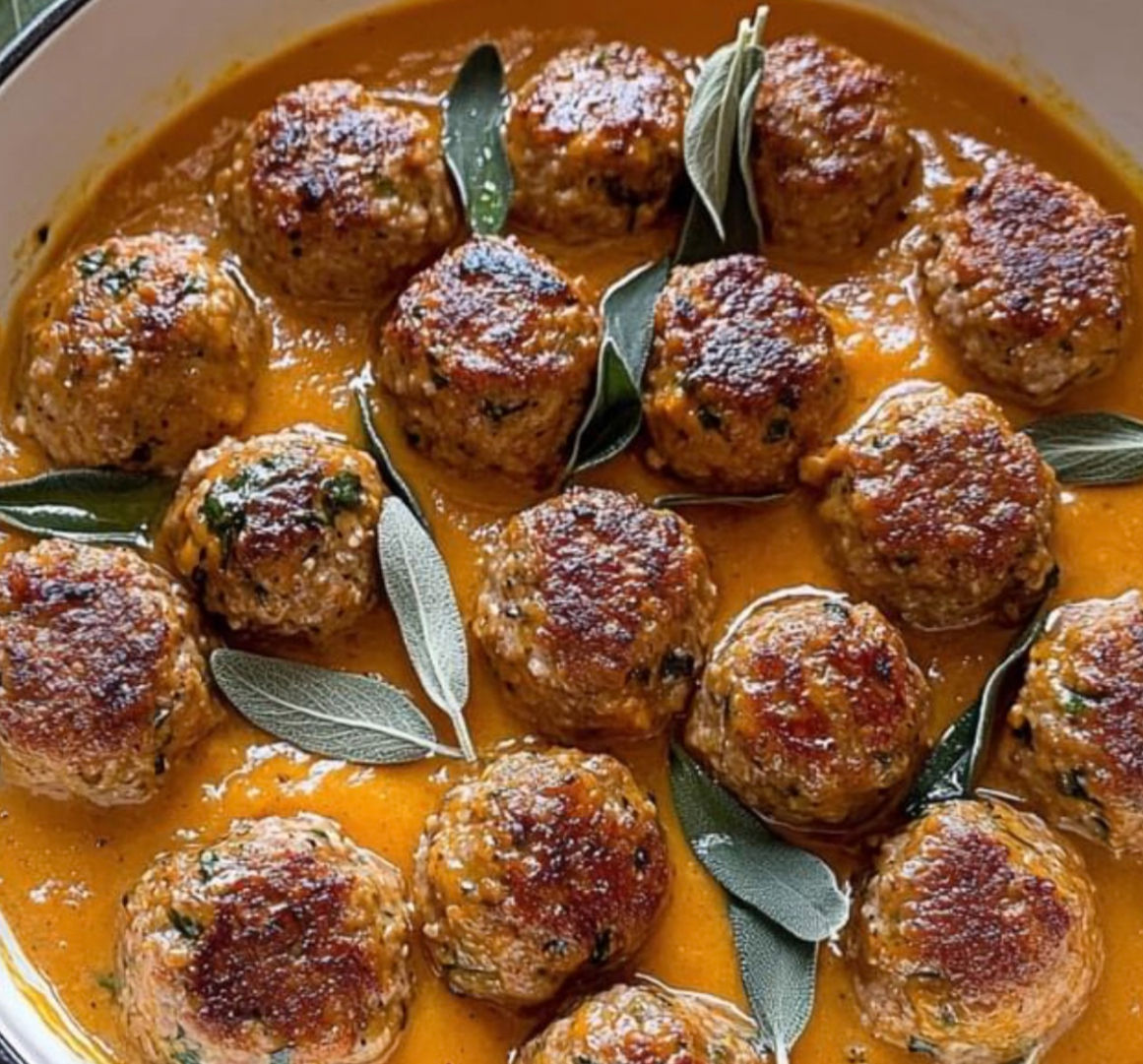 Family Size Chicken Meatballs w/Pumpkin & Sage Cream Sauce over Spaghetti Squash
