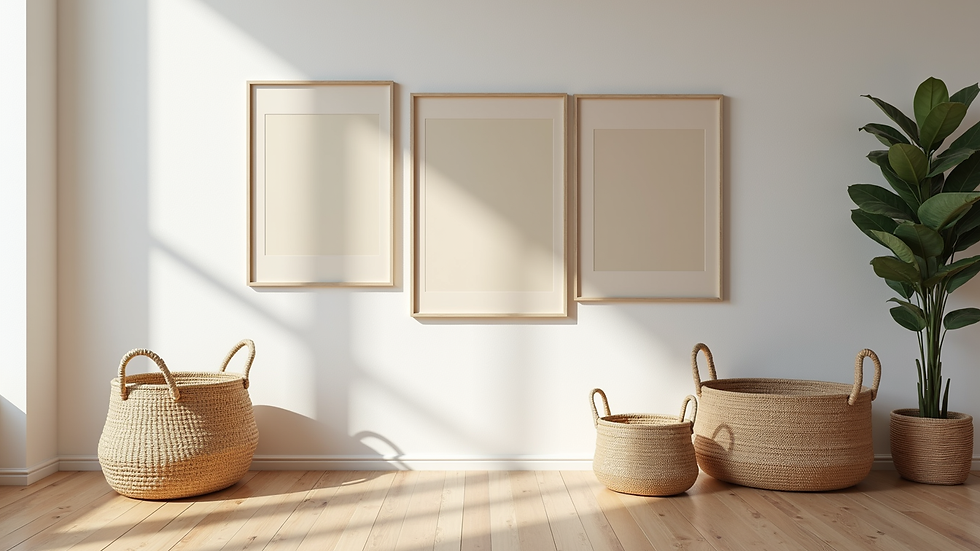 Eye-level view of a gallery wall with mixed framed art and woven baskets