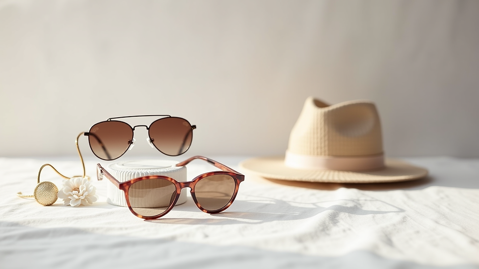 Close-up view of trendy fashion accessories displayed on a white surface