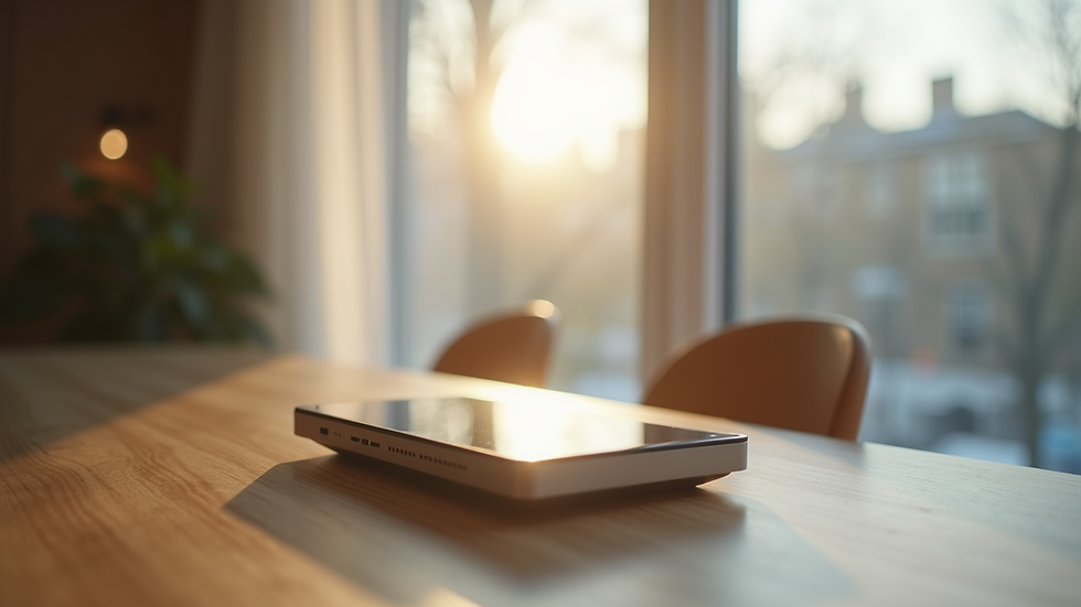 Eye-level view of a smart home device on a modern table