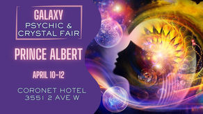 Galaxy Psychic & Crystal Fair poster. Vibrant cosmic background with a silhouette and colorful swirls. Event details: April 10-12, Coronet Hotel, Prince Albert.