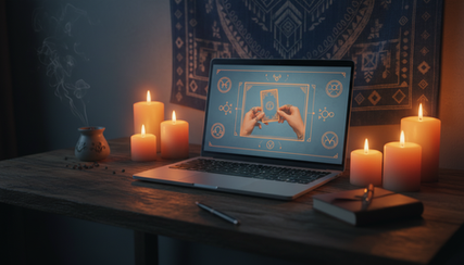 Eye-level view of a laptop on a wooden desk with a spiritual reading session on screen