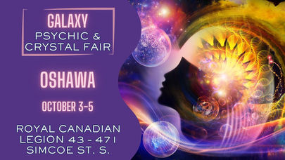 Abstract galaxy art with a silhouette face, vibrant colors. Text: Oshawa Psychic & Crystal Fair, October 3-5