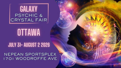 Purple poster for Galaxy Psychic & Crystal Fair in Ottawa, July 31-Aug 2 2026, at Nepean Sportsplex, with cosmic face art.