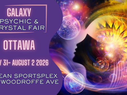 Purple poster for Galaxy Psychic & Crystal Fair in Ottawa, July 31-Aug 2 2026, at Nepean Sportsplex, with cosmic face art.