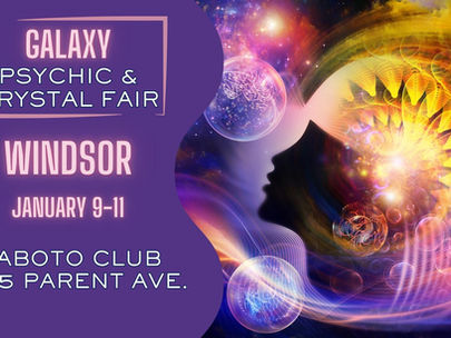 Purple poster for Galaxy Psychic & Crystal Fair, Windsor, Jan 9-11, Caboto Club. Features a vibrant, cosmic silhouette with swirling colors.