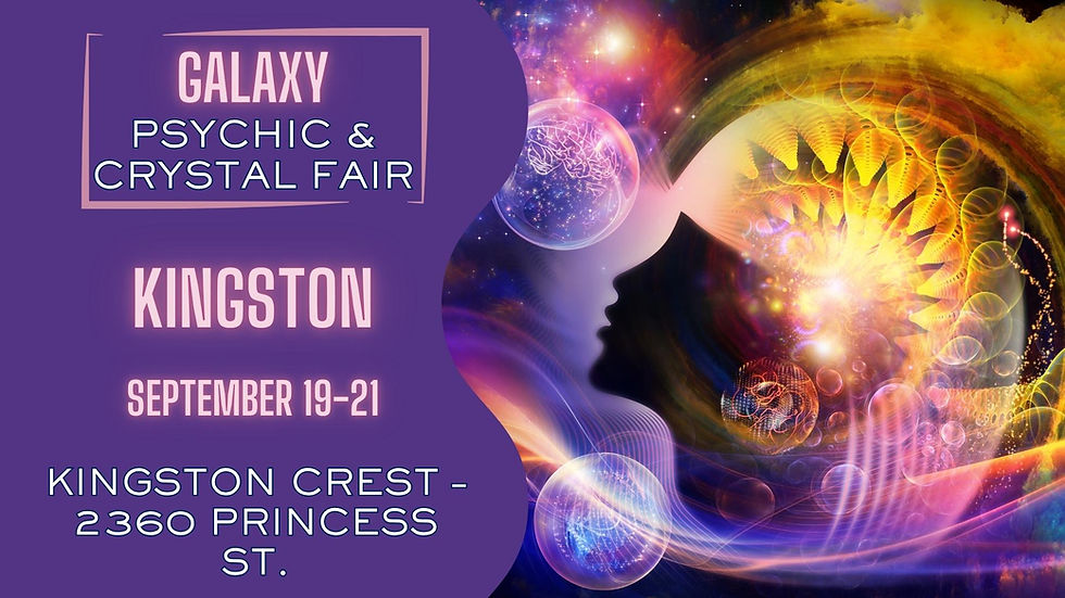 Abstract galaxy art with a silhouette face, vibrant colors. Text: Kingston Psychic & Crystal Fair, September 19-21