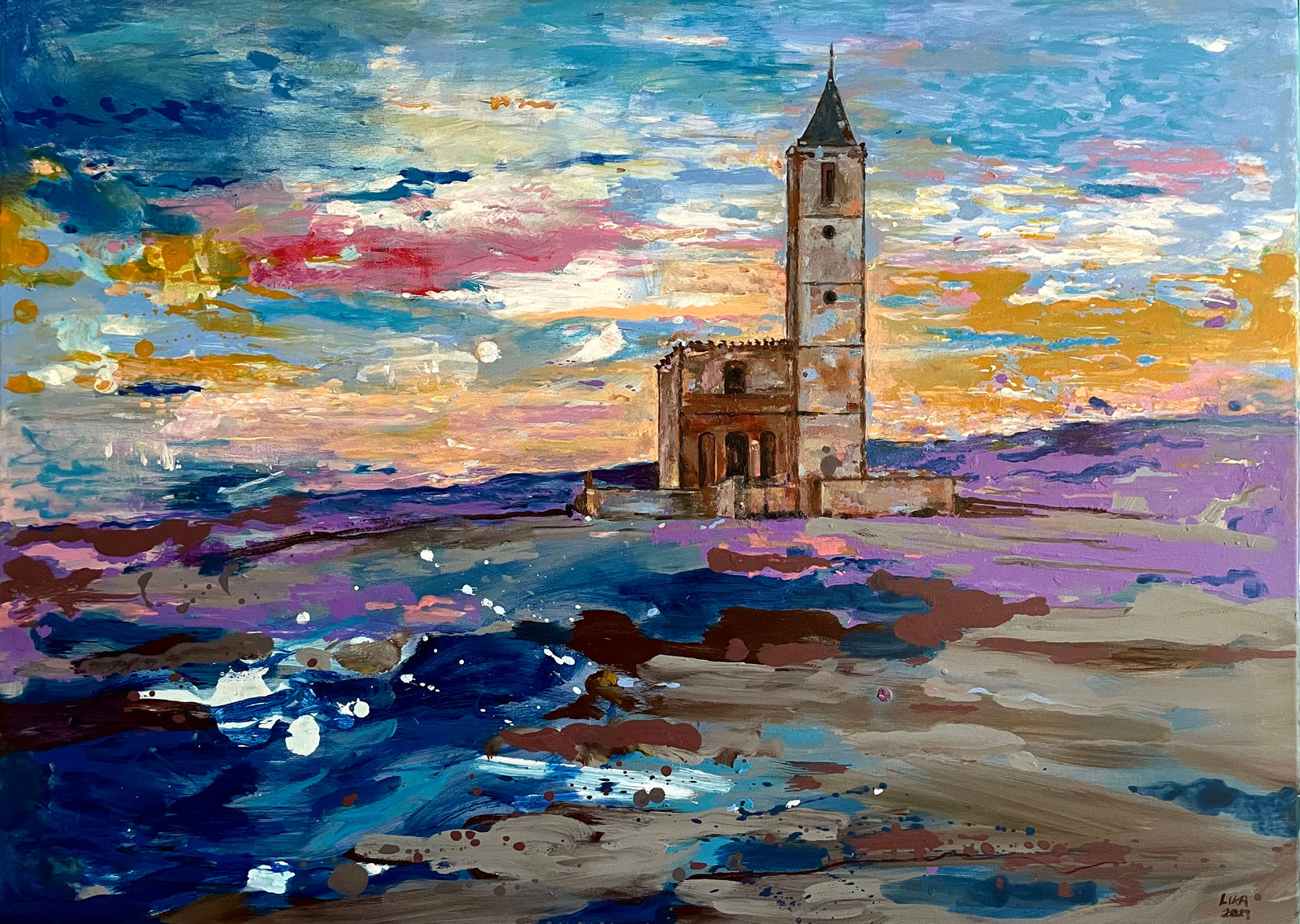 Iglesia de Las Salinas. Mixed media on canvas, 65 × 90 cm
