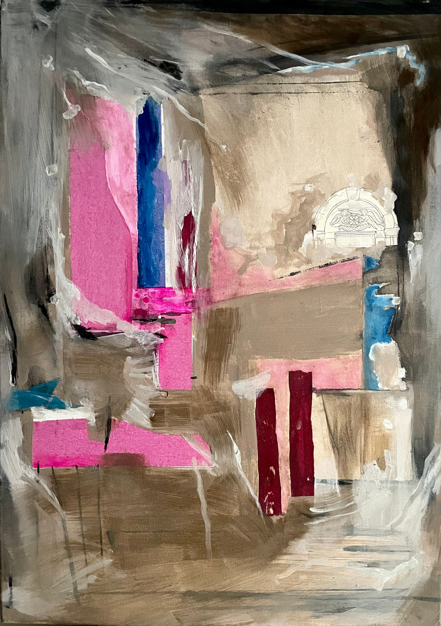 Traces of Time. Mixed media and collage on canvas, 70 × 50 cm