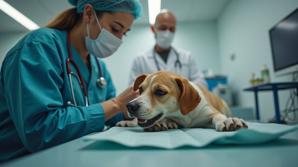 Eye-level view of a veterinarian examining a dog