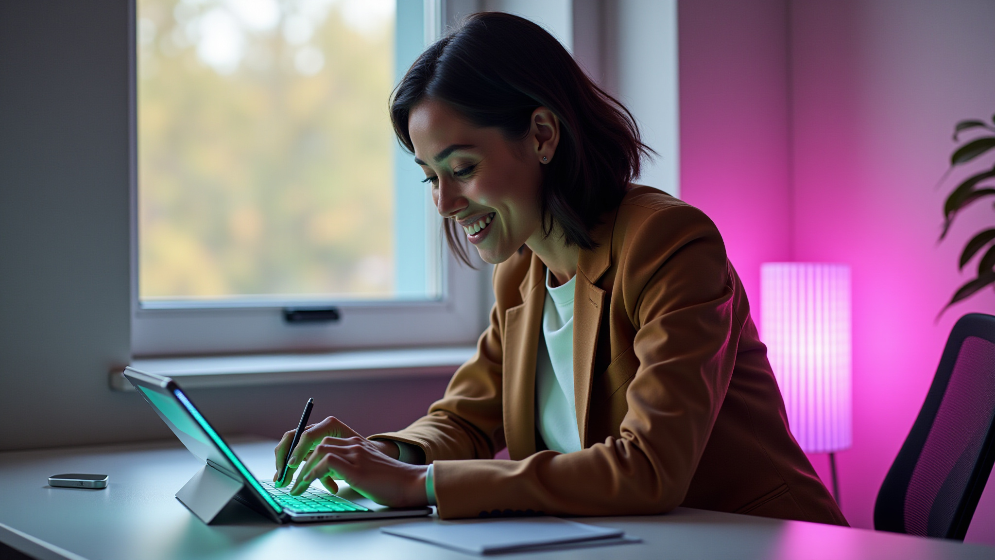 Smiling woman uses a stylus on a laptop