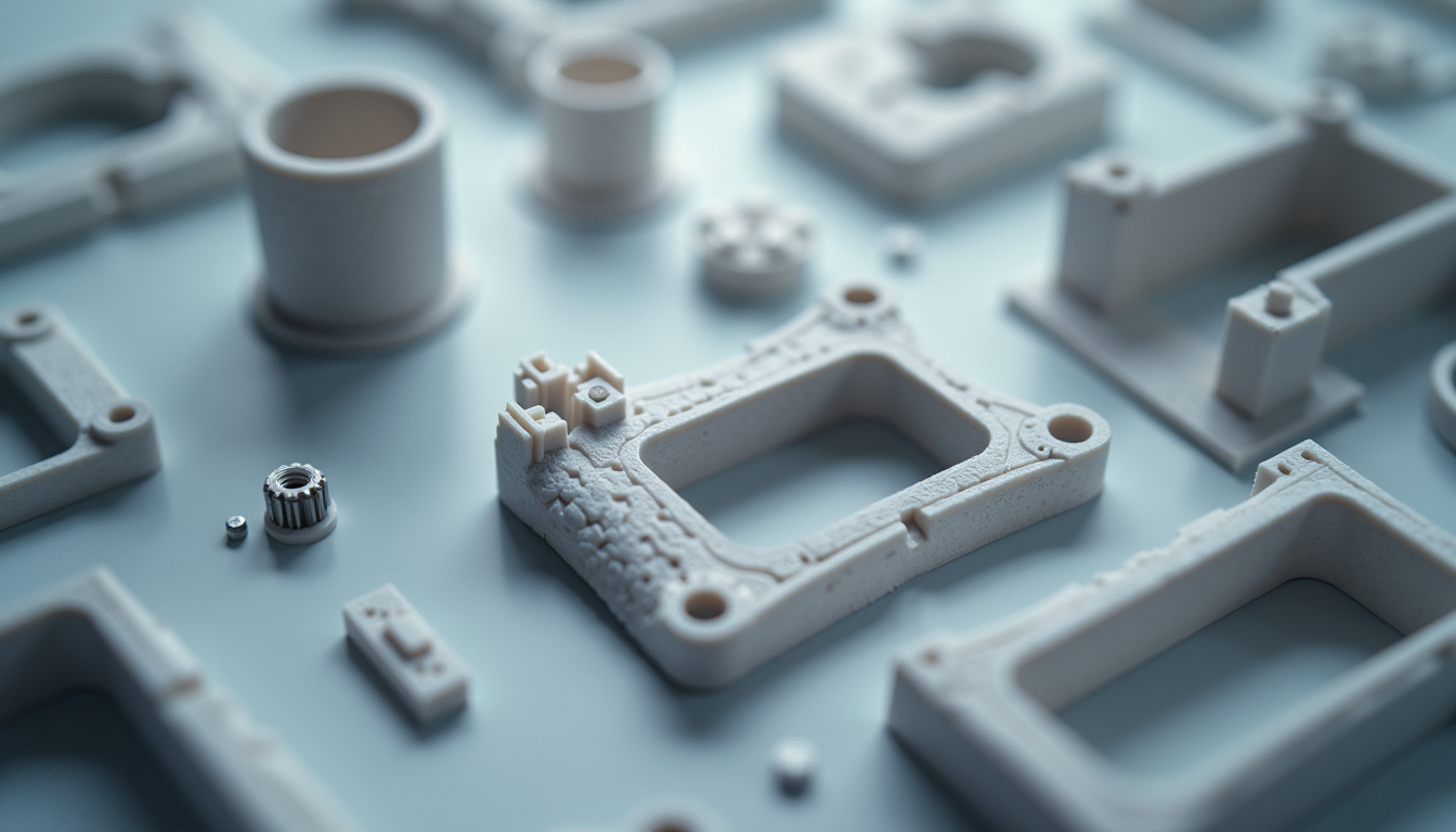 High angle view of 3D printed housing components arranged for assembly