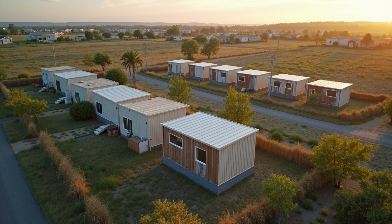 High angle view of a tiny home community with compact, affordable housing units