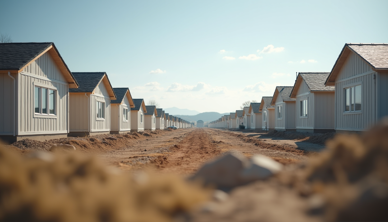 Eye-level view of modular homes under construction in a suburban area